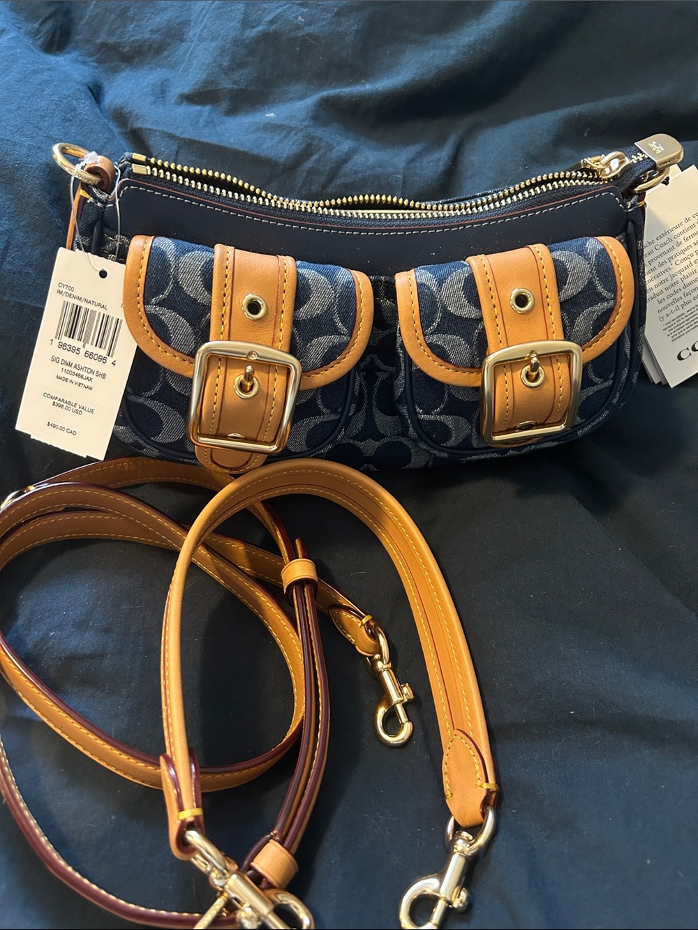 Coach Ashton Navy Signature Canvas Crossbody with Tan Leather Trim